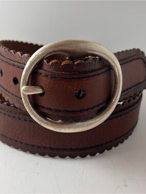 Lucky Brand Brown Leather Scalloped Edge Belt with Silver Round Buckle